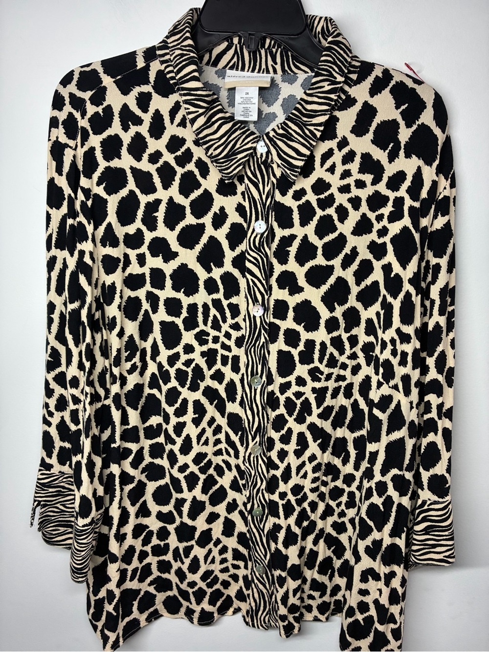 Alfred Dunner Black and Cream Animal Print Button-Down Shirt